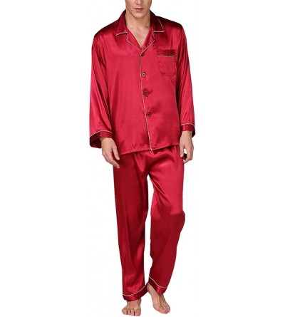 Sleep Sets Men's Summer Long Sleeve Silk Pajama Sleepwear Set - Wine Red - CM192R3200U $20.97