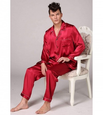 Sleep Sets Men's Summer Long Sleeve Silk Pajama Sleepwear Set - Wine Red - CM192R3200U $20.97
