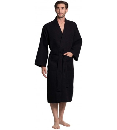 Robes Linen Men's Premium Cotton Blend Lightweight Long Waffle Kimono Bath and Spa Robe - Black - CS18COYS3AU $23.32