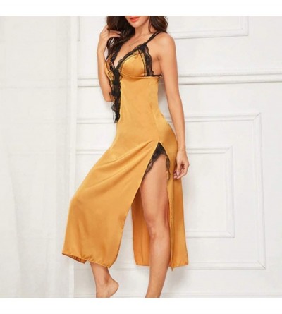 Baby Dolls & Chemises Women Satin Floral Lace High Split with Thong Backless Silk Sleepwear Pajamas - Yellow - CC1906W7UX9 $1...
