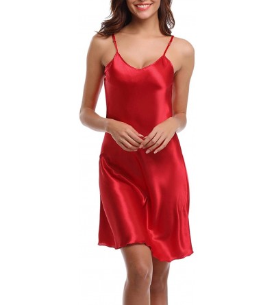 Baby Dolls & Chemises Women's Satin Full Slip Dress Spaghetti Strap Nightdress Lingerie Chemise Nightgown - Red - CW18X3ZKTNO...