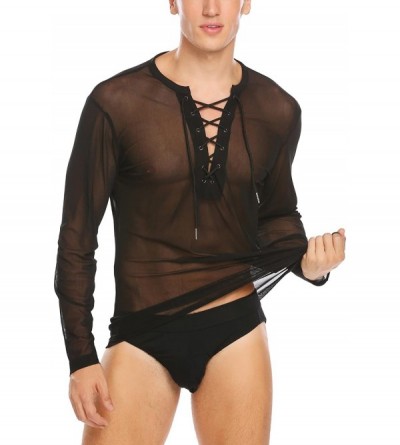 Undershirts Men's Stylish Sexy See Through Long Sleeve Lace up Shirt - Black - CC18DOOZYLZ $55.83