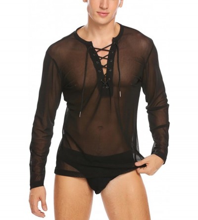 Undershirts Men's Stylish Sexy See Through Long Sleeve Lace up Shirt - Black - CC18DOOZYLZ $33.36