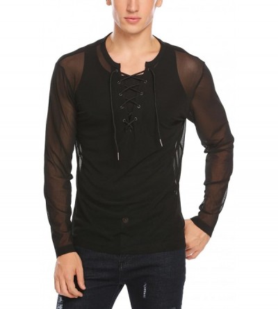 Undershirts Men's Stylish Sexy See Through Long Sleeve Lace up Shirt - Black - CC18DOOZYLZ $33.36