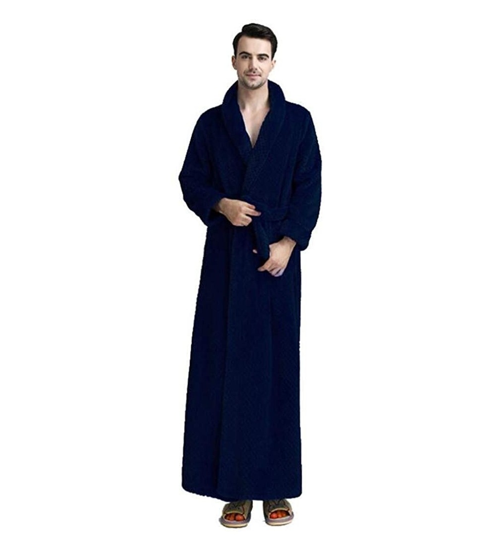 Robes Winter Long Robe for Women and Men- Plush Shawl Warm Kimono Bathrobes Home Sleepwear Coat with Belt - Men/Navy - CF18AO...