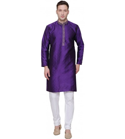 Sleep Sets Men's Kurta Pajama Jacquard Silk Indian Party Wear Apparel - Purple - C6185T0HK4L $26.15