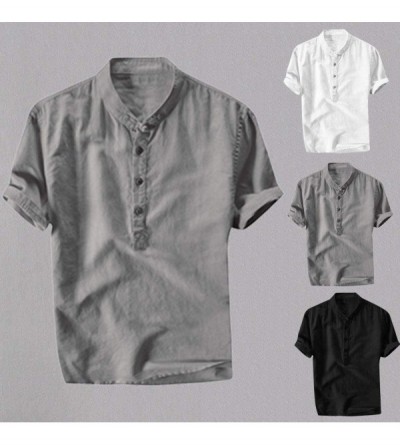 Thermal Underwear Mens Cool Linen Button Up Shirts Casual Short Sleeve Yoga Loose Fit Beach Tops - Gray - CJ19DNK78CE $25.07