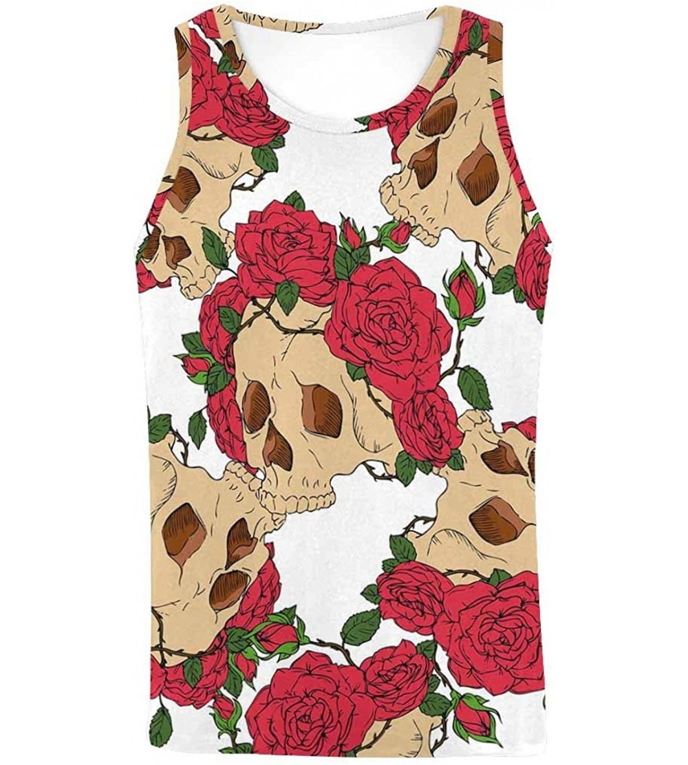 Undershirts Men's Muscle Gym Workout Training Sleeveless Tank Top Beautiful Skull with Roses - Multi1 - CL19DLMO55O $32.10