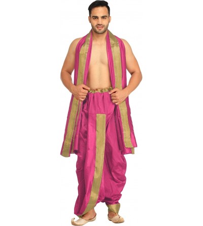 Sleep Sets Dhoti and Angavastram Set with Wide Golden Border (Ready to Wear) - Raspberry Rose - CA187Y5T8QQ $39.12