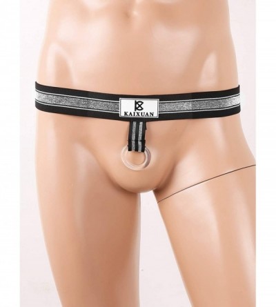 G-Strings & Thongs Mens Elastic Wide Striped Waistband Jockstrap Briefs Lingerie Thong Underwear - Silver - CX199ARCMQK $11.19