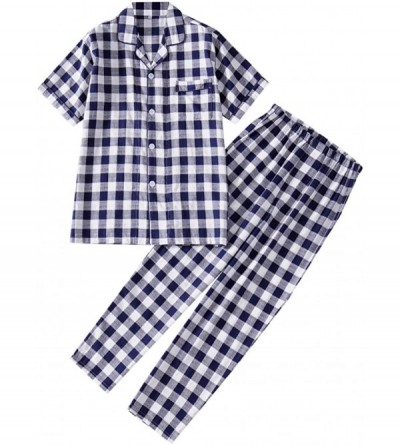 Sleep Sets Men's Pajamas Long Sleeves Set Classic Pockts Sleep Wear Plaid - Short Sleeve Blue - C519809SK8G $39.26