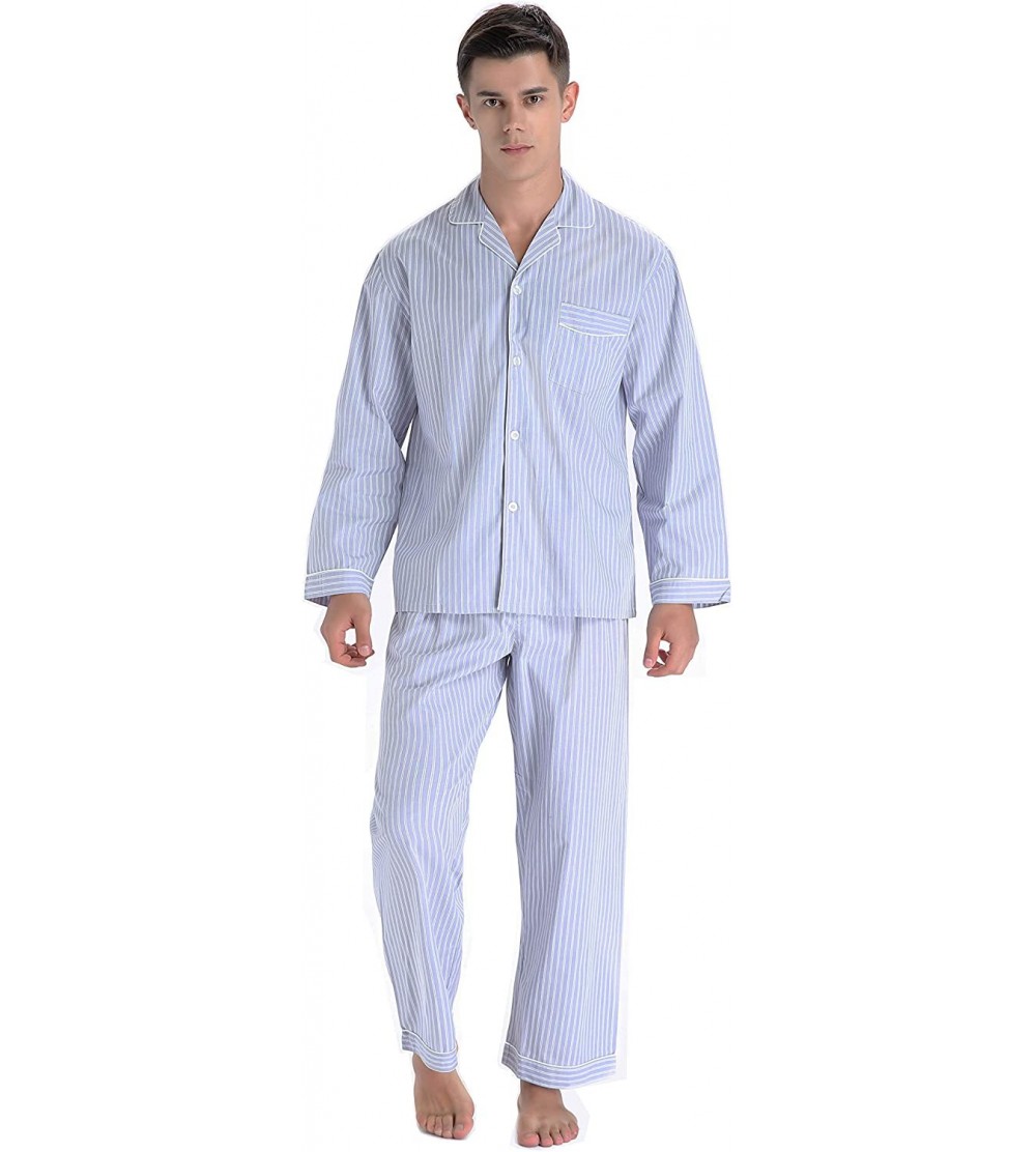 Sleep Sets Men's Cotton Long Sleeve Pajamas- 100% Cotton Pajama Set - Lt Grey Stripes - CN18LGCRDAH $28.48