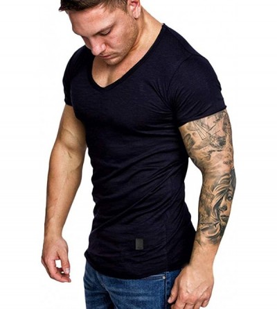 Thermal Underwear Fashion T Shirt Men Summer V Neck Casual Top Slim Short Sleeve Blouse - A Navy - CY18QW2EL5L $41.40