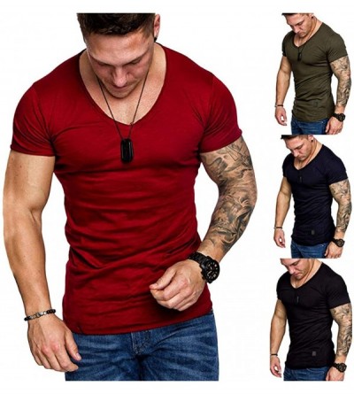 Thermal Underwear Fashion T Shirt Men Summer V Neck Casual Top Slim Short Sleeve Blouse - A Navy - CY18QW2EL5L $24.73