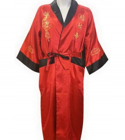 Robes Unisex Reversible Silk Satin Robe Kimono Relaxation Bathrobe Dragon Embroidered Night Gown - Red - CH18DL04QRR $19.96