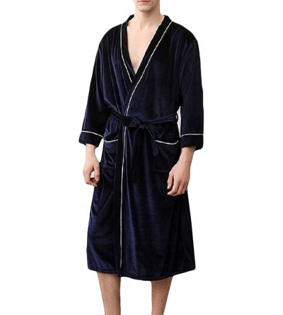 Robes Men Long Sleeve Kimono Sleepwear Bathrobe Relaxed Fit Velour Robe - Navy Blue - CA18TC73D46 $38.39