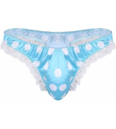 Briefs Sissy Men's Silky Satin Ruffled Frilly Polka Dots Bikini G-String Thong Panties Underwear - Sky Blue Satin - CW18GXQUY...