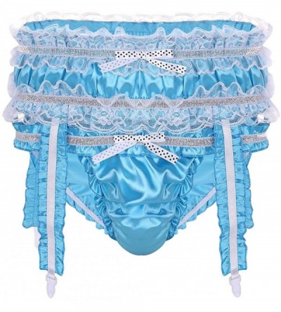 Briefs Men's Frilly Satin Sissy Pouch Briefs Crossdress Underwear Stretchy Panties with Garters - Blue - C519D3KDKXG $20.27