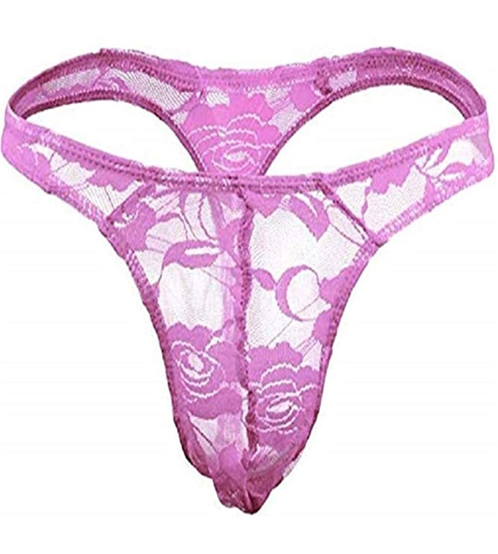 G-Strings & Thongs Sissy Pouch Panties Men's Silky lace Thong Underwear Briefs Bikini - Pink - CC18ZX85NRY $27.18