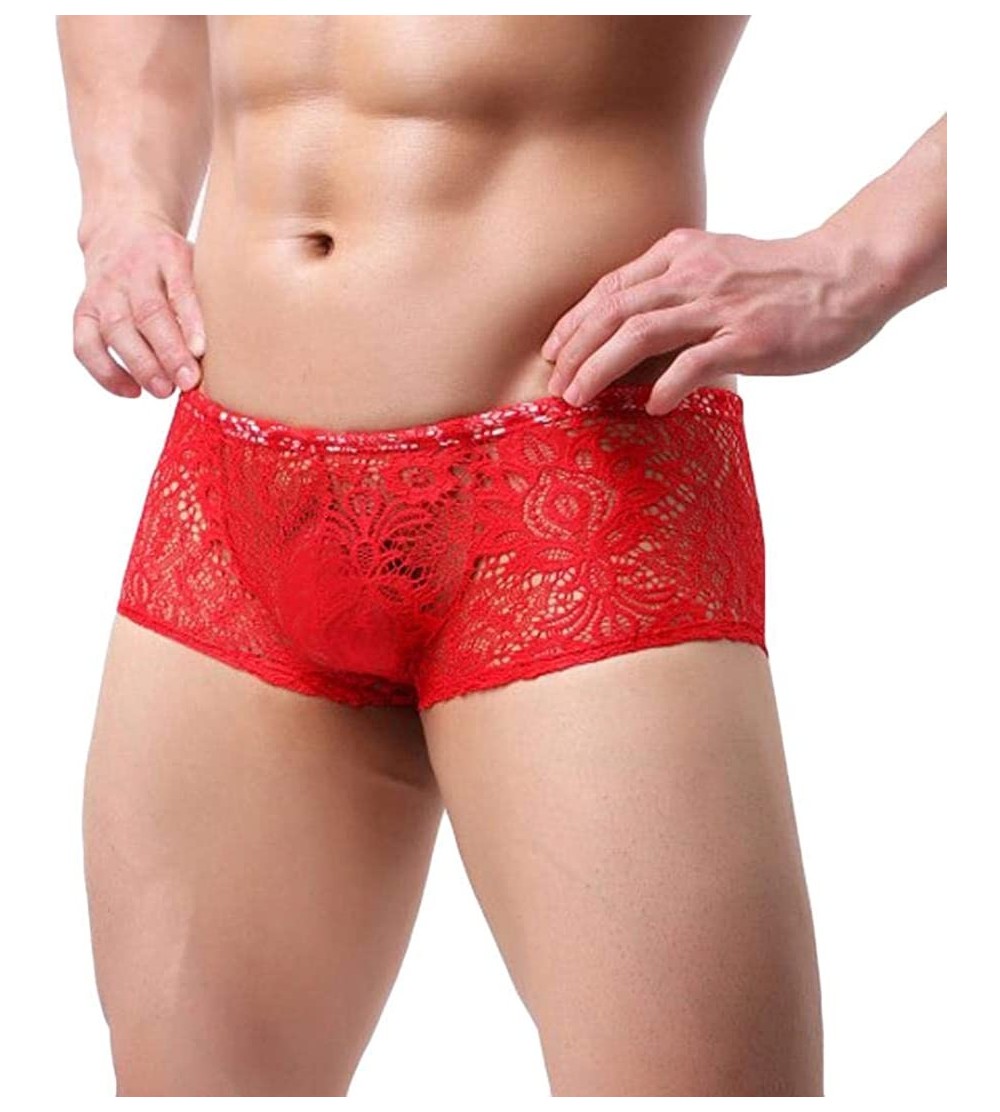 Boxer Briefs Mens Boxer Briefs Underpants Fashion Lace Underwear - Red - CE18H8EI45O $14.59