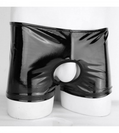 Boxer Briefs Mens Soft Shiny Patent Leather Open Butt Front Pouch Hole Crossdress Panties Shorts Underwear - Black - CO18ELD8...