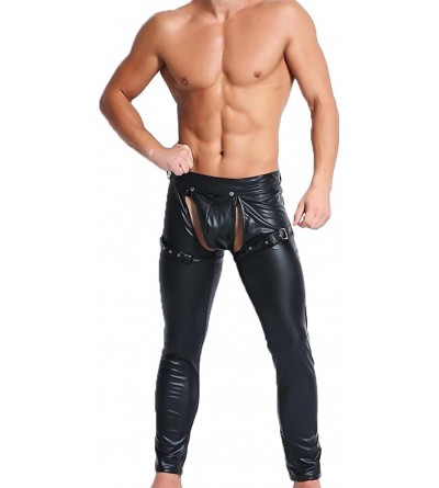 Briefs Mens Skinny Pants Faux Leather Open Crotch Trousers with Bulge Pouch - CI187R6ZZ8H $44.90