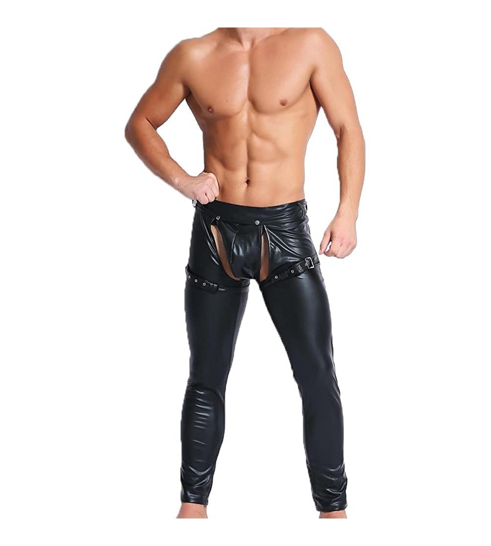 Briefs Mens Skinny Pants Faux Leather Open Crotch Trousers with Bulge Pouch - CI187R6ZZ8H $20.02