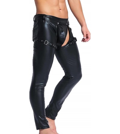 Briefs Mens Skinny Pants Faux Leather Open Crotch Trousers with Bulge Pouch - CI187R6ZZ8H $20.02