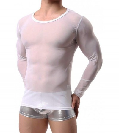 Undershirts Men's Sexy Underwear T-Shirt Long Sleeve Mesh Sheer Undershirt Sleepwear - White - C3126X8I3XF $16.64