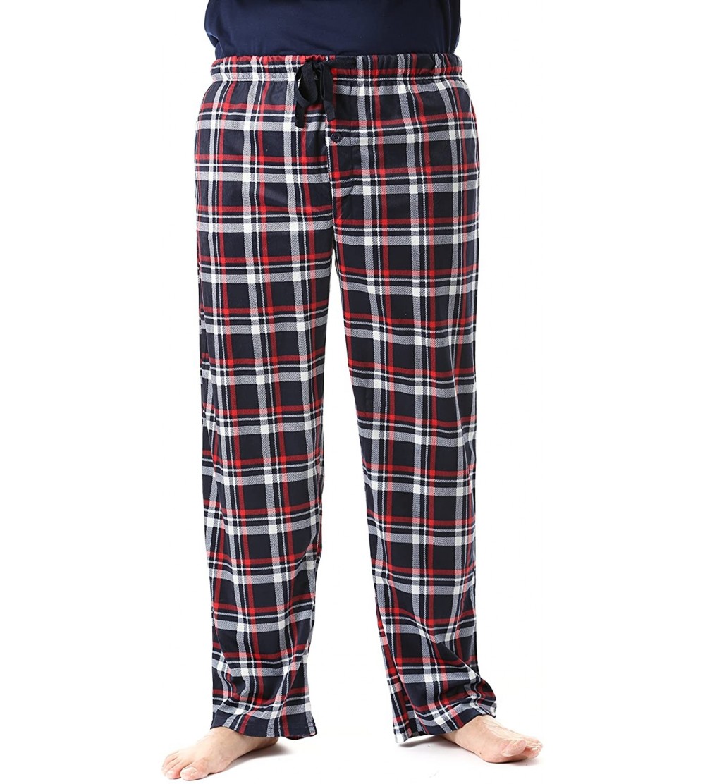Sleep Bottoms Ultra Soft Fleece Men's Plaid Pajama Pants with Pockets - Navy- Red & White - CF17Z2TC60Z $17.39