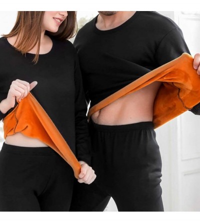 Thermal Underwear 2Pcs Unisex Warm Fleece Lined Thermal Underwear Set for Men Women Winter Warm Top Pants Sleepwear Set - Bla...