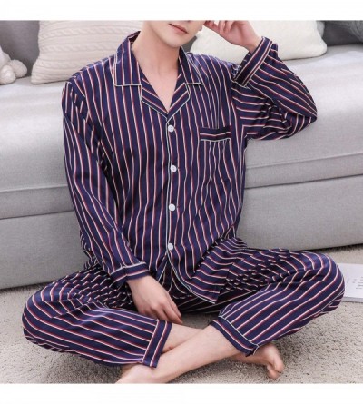 Sleep Sets Men Pyjamas Striped Sleepwear Sets Male Leisure Long Sleeved Comfortable Home Clothing - Blue - C718AQ68L3A $38.74