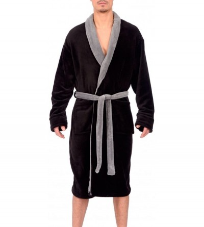 Robes Men's Soft Lightweight Plush Micro Fleece Bathrobe with Front Pockets - Black/Grey Trim - CS11FQKLT01 $24.79