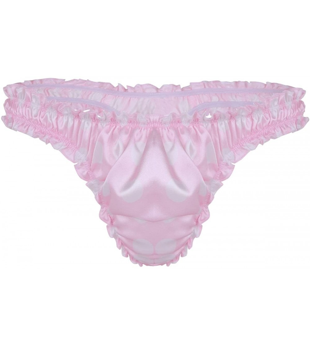 Briefs Men's Frilly Underwear Sissy Maid Ruffle Lace Shiny Bikini Briefs Panties Thongs - Pink Polka Dot - C918I027AT9 $16.56