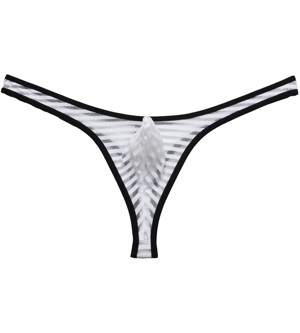G-Strings & Thongs Men's Bordered Mesh Striped Thong Underwear - White - CJ125JWQF5T $8.32