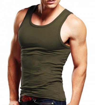 Undershirts Men's Tank Top Cotton Workout A-Shirt Sleeveless Casual Undershirt Sport Muscle Classic Tee - Army Green - C817YY...