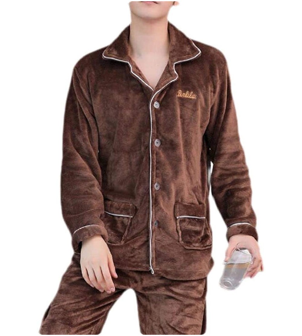 Sleep Sets Warm Long Sleeve Sleepwear Button Front Flannel Pajamas Set - 15 - CG1920U5UTK $38.48