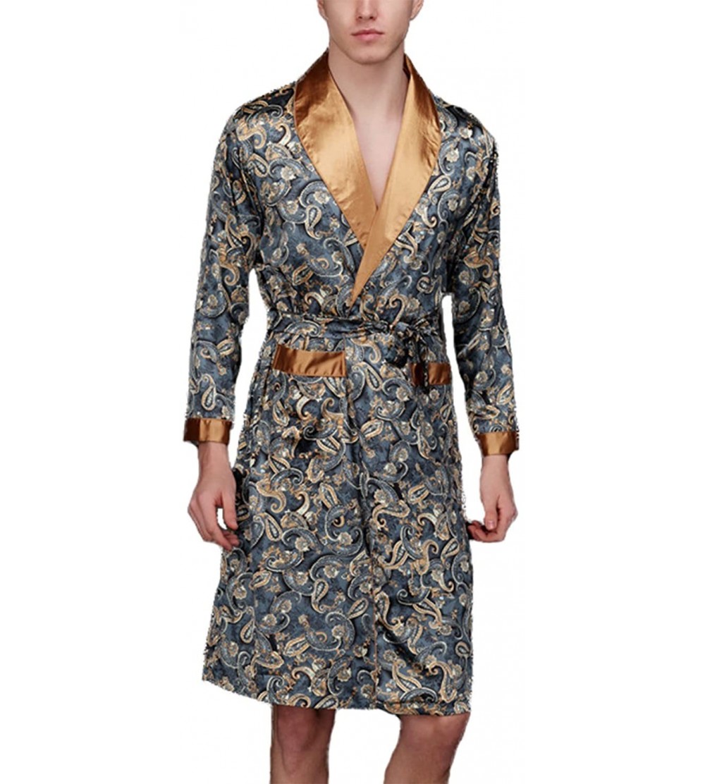 Robes Men's Lightweight Satin Sleep Robe Kimono Gown- Bathrobe for Men Long Style - Navy - CF18DTKSI3C $23.05