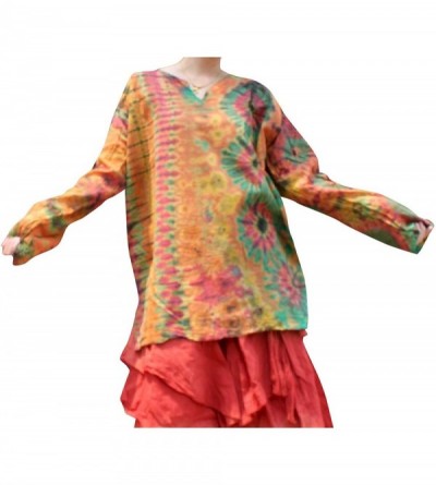 Sleep Tops Tie Dye Long Sleeve Round V Collar Unisex Casual Shirt Tiedyed - Saloo Cotton - Fulvous Orange - CQ18NA906OH $48.92