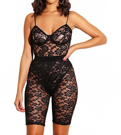 Baby Dolls & Chemises Womens Lace V-Neck Strap See Through One Piece Bodycon Short Nightwear Jumpsuit Babydoll Lingerie - Bla...