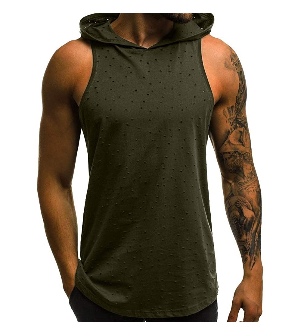 Trunks Men's Workout Hooded Tank Tops Bodybuilding Muscle Cut Off T Shirt Sleeveless Gym Hoodies - Army Green a - CJ194EADDNO...