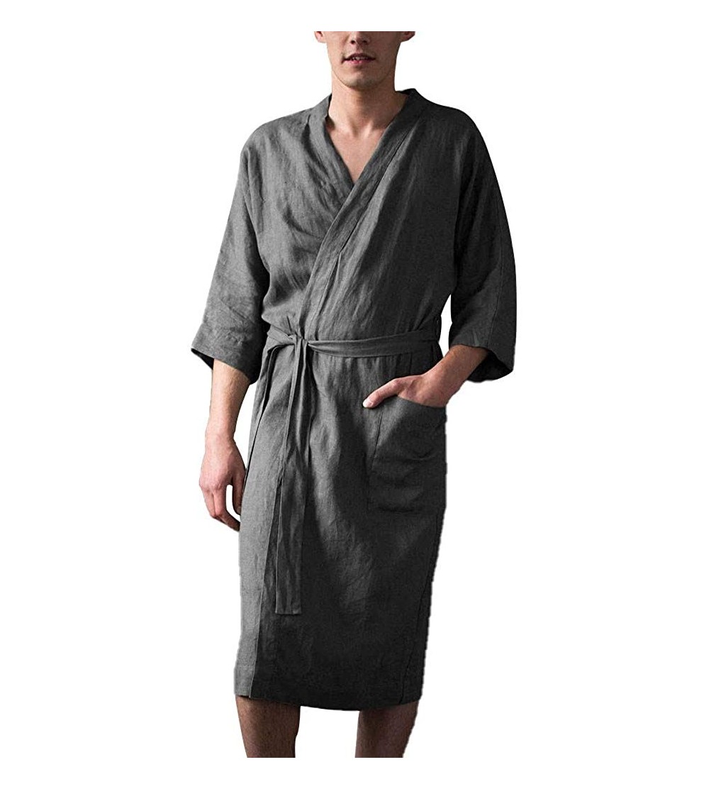 Robes Men Linen Bathrobe Lightweight Long Waffle Kimono Spa Robe Home Wear Nightgown Loungewear Coat - Gray - CK193OL0ZIN $23.00