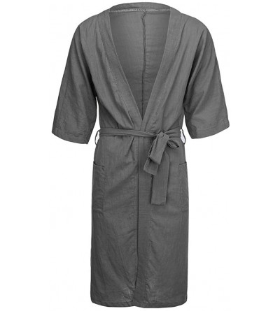 Robes Men Linen Bathrobe Lightweight Long Waffle Kimono Spa Robe Home Wear Nightgown Loungewear Coat - Gray - CK193OL0ZIN $23.00