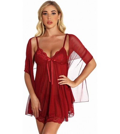 Baby Dolls & Chemises Women's Three Pieces Lingerie Teddy Mesh Nightwear Outfits - Red - CQ19C5SCXKM $39.40