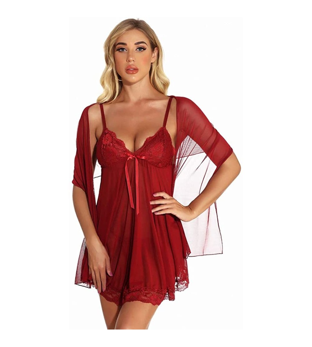 Baby Dolls & Chemises Women's Three Pieces Lingerie Teddy Mesh Nightwear Outfits - Red - CQ19C5SCXKM $14.72