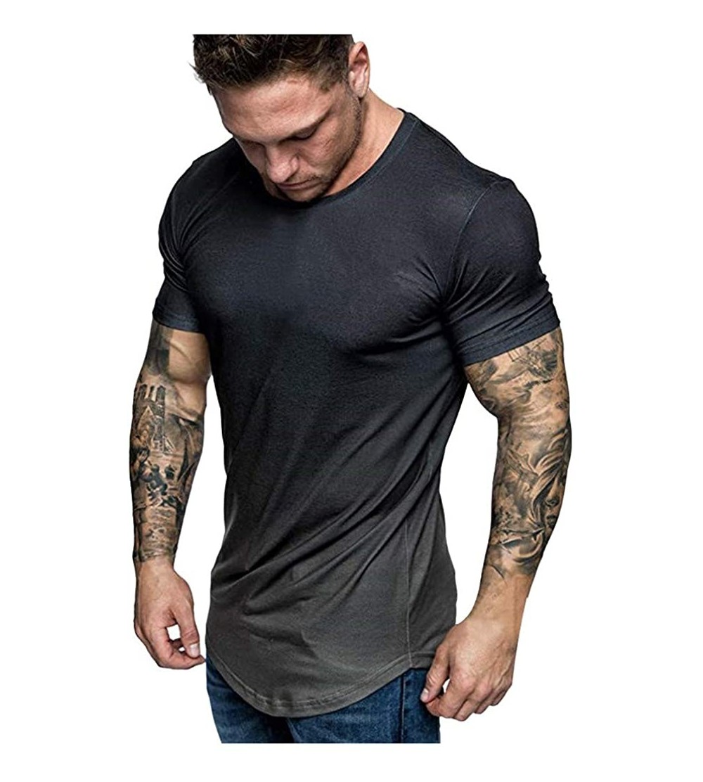 Thermal Underwear T-Shirt for Mens Summer O-Neck Slim Casual Fit Gradient Color Short/Long Sleeve Top Blouse - A Black - CZ19...