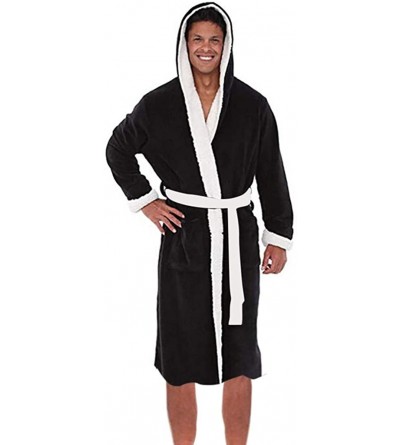 Robes Mens Robes Lengthened Fleece Warm Long Bathrobe Hooded Kimono Home Pajamas - B Black - CL18ADL0WN5 $29.25