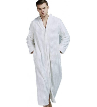 Robes Men's Plush Fleece Robe with Hood Warm Bathrobe Soft Tie Sleep Sleepwear Loungewear Kimono Housecoat Coat - White - CS1...