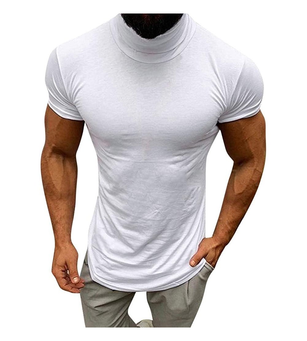 Thermal Underwear Men's Casual Slim Fit Basic Turtleneck Pullover Top Summer Solid Color Short Sleeve Blouse Shirts - White -...