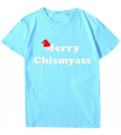 Sleep Sets Mens Christmas Funny Letter Print Short Sleeve Graphic Tops Casual Tee Shirts - Light Blue - CD192N4SHND $8.99